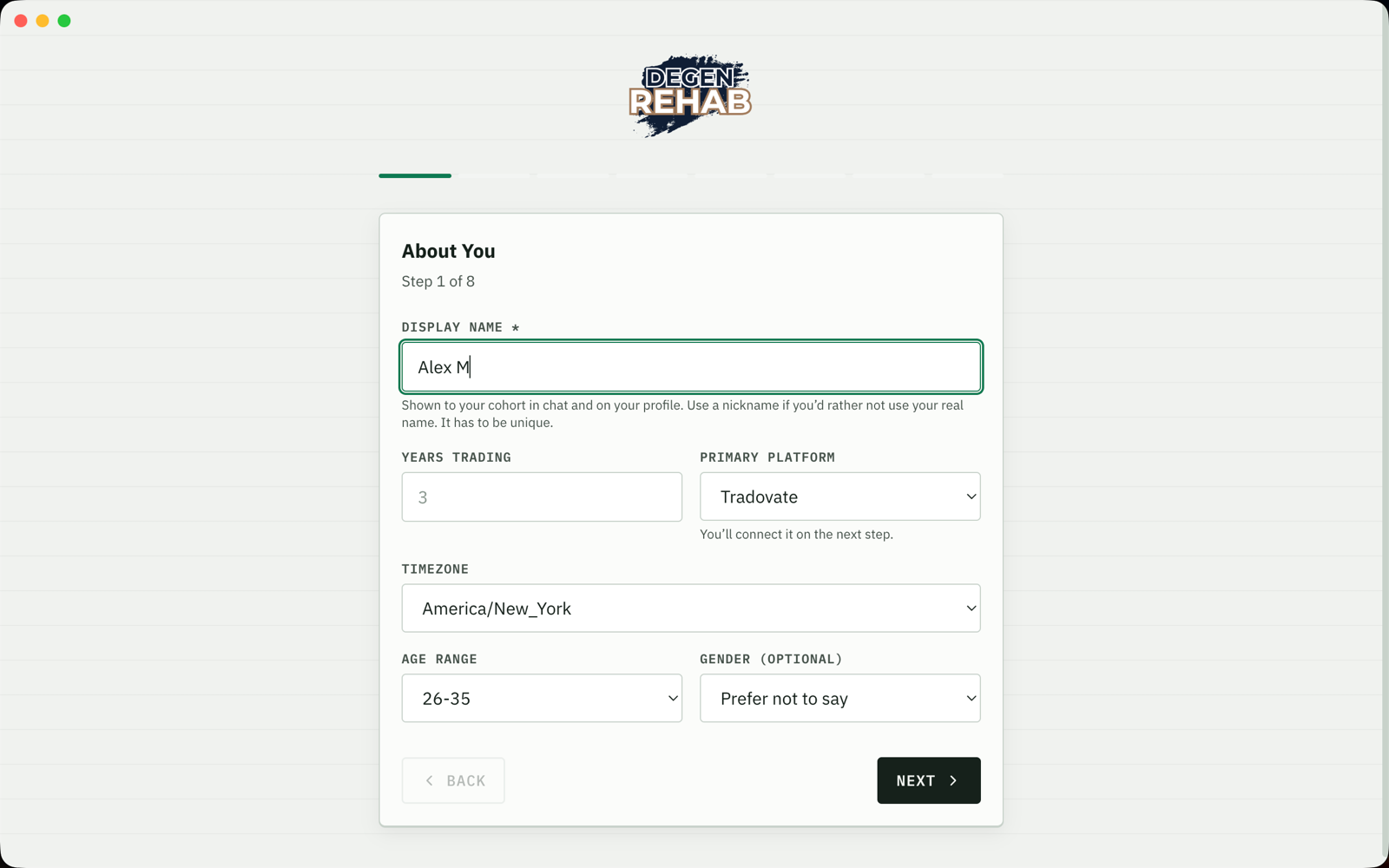 Onboarding step 1, About You