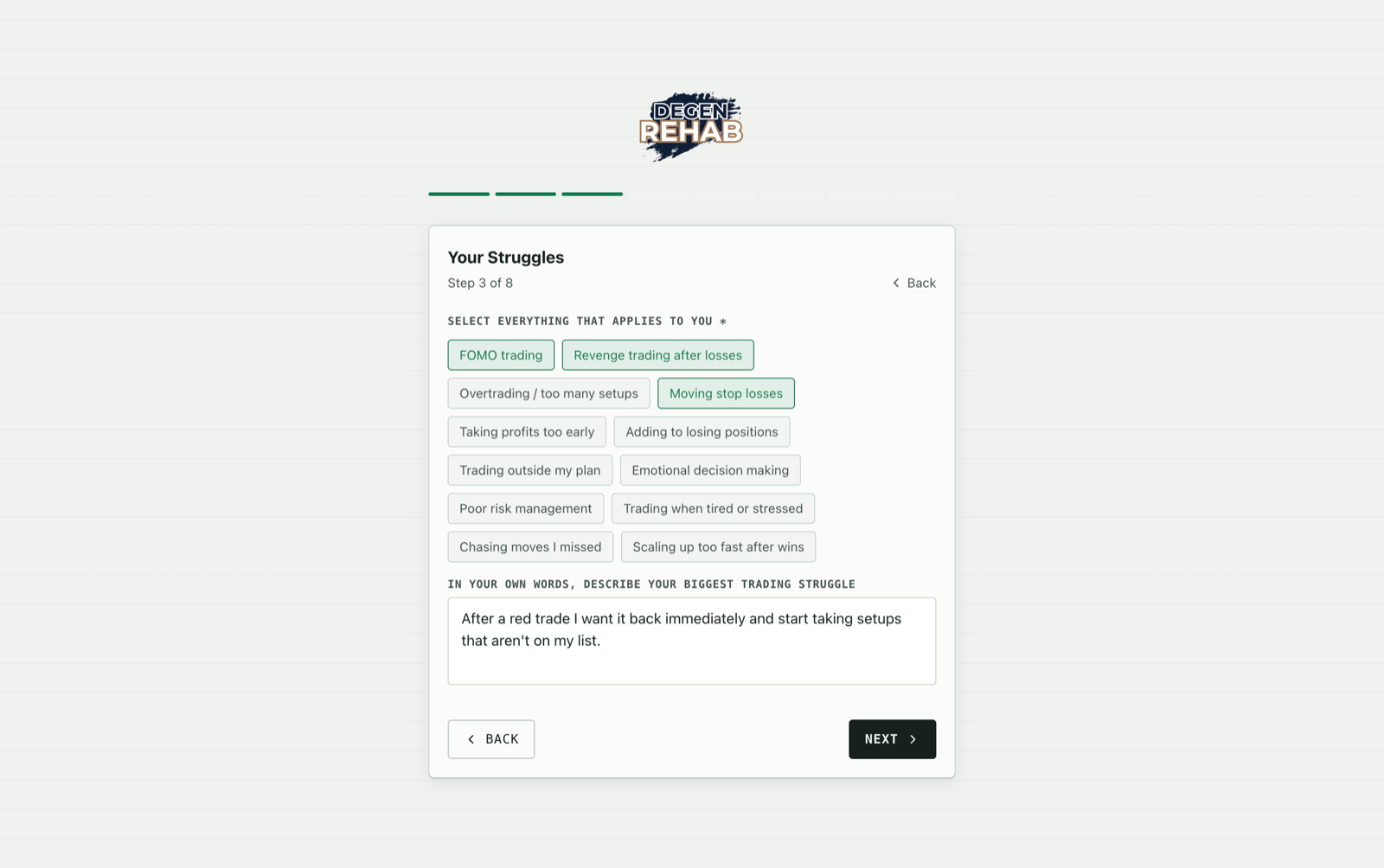 Onboarding step 3, Your Struggles