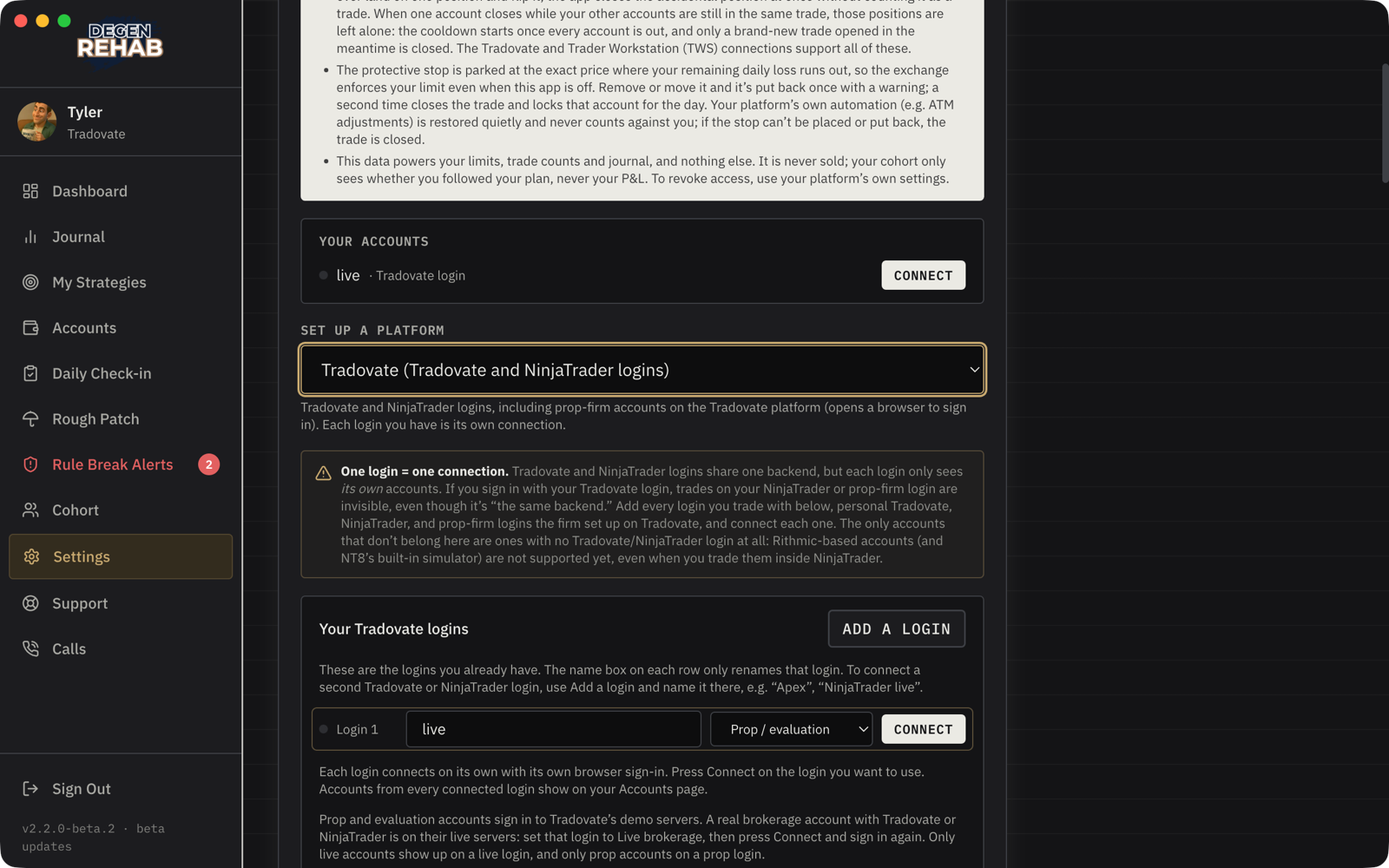 The Platform Connection panel: Your accounts with a Connect button per login, and the login row with its Prop / evaluation or Live brokerage type