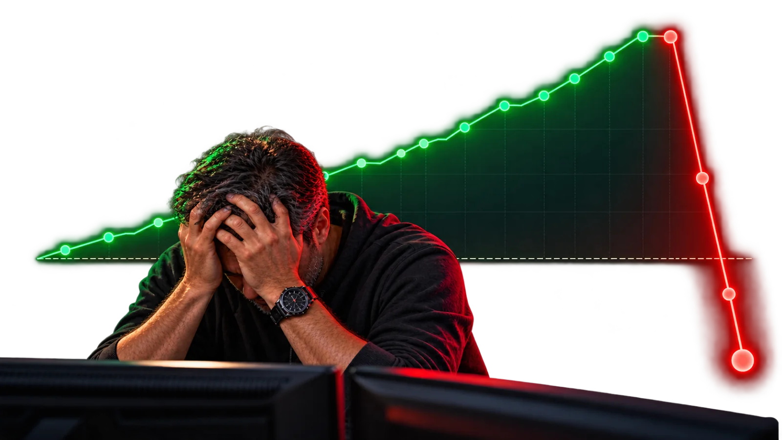 A trader with his head in his hands in front of an equity curve that climbs for weeks, then collapses below where it started in one day